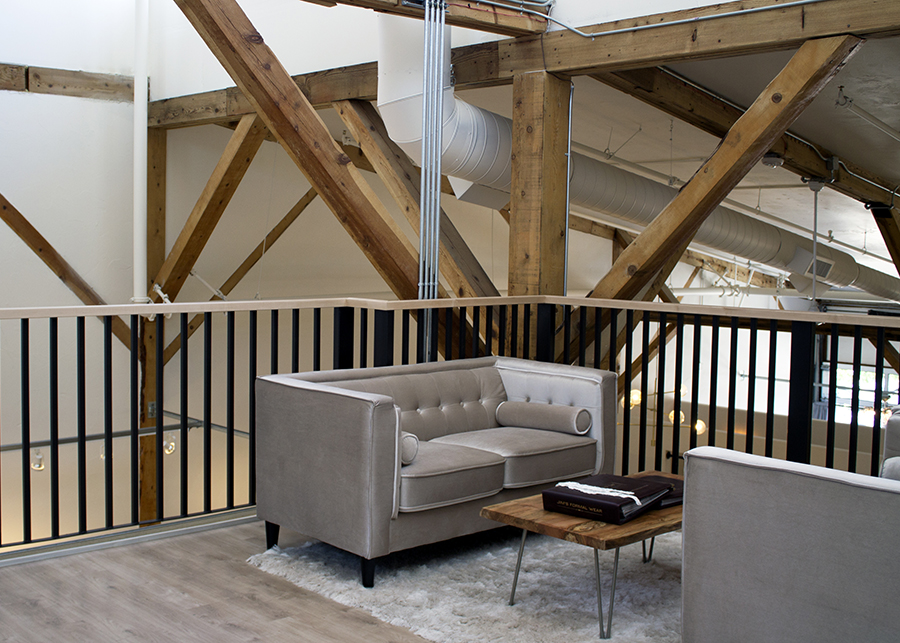 another consultation area in Bespoke Bridal's open mezzanine surrounded by exposed timber beams